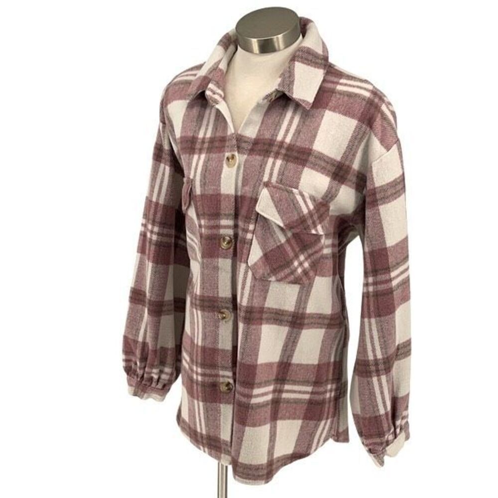 Mud Pie Womens Plaid Balloon Long Sleeve Flannel Shirt Dusty Rose Size Large